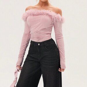 Pink Casual Women's Off Shoulder Long Sleeve Gathered Furry Patchwork Blouse